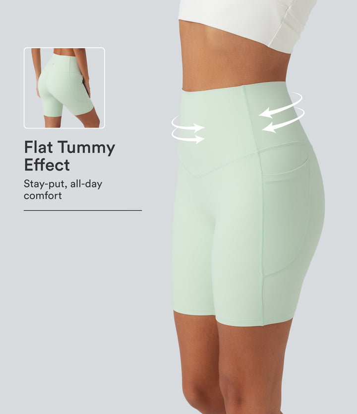 High Waisted Tummy Control Shaping Training Biker Shorts 7'' with Pockets — Dusty Aqua — view 1