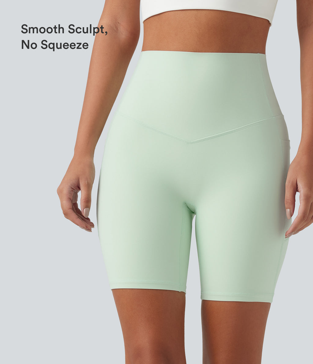 High Waisted Tummy Control Shaping Training Biker Shorts 7'' with Pockets — Dusty Aqua — view 6