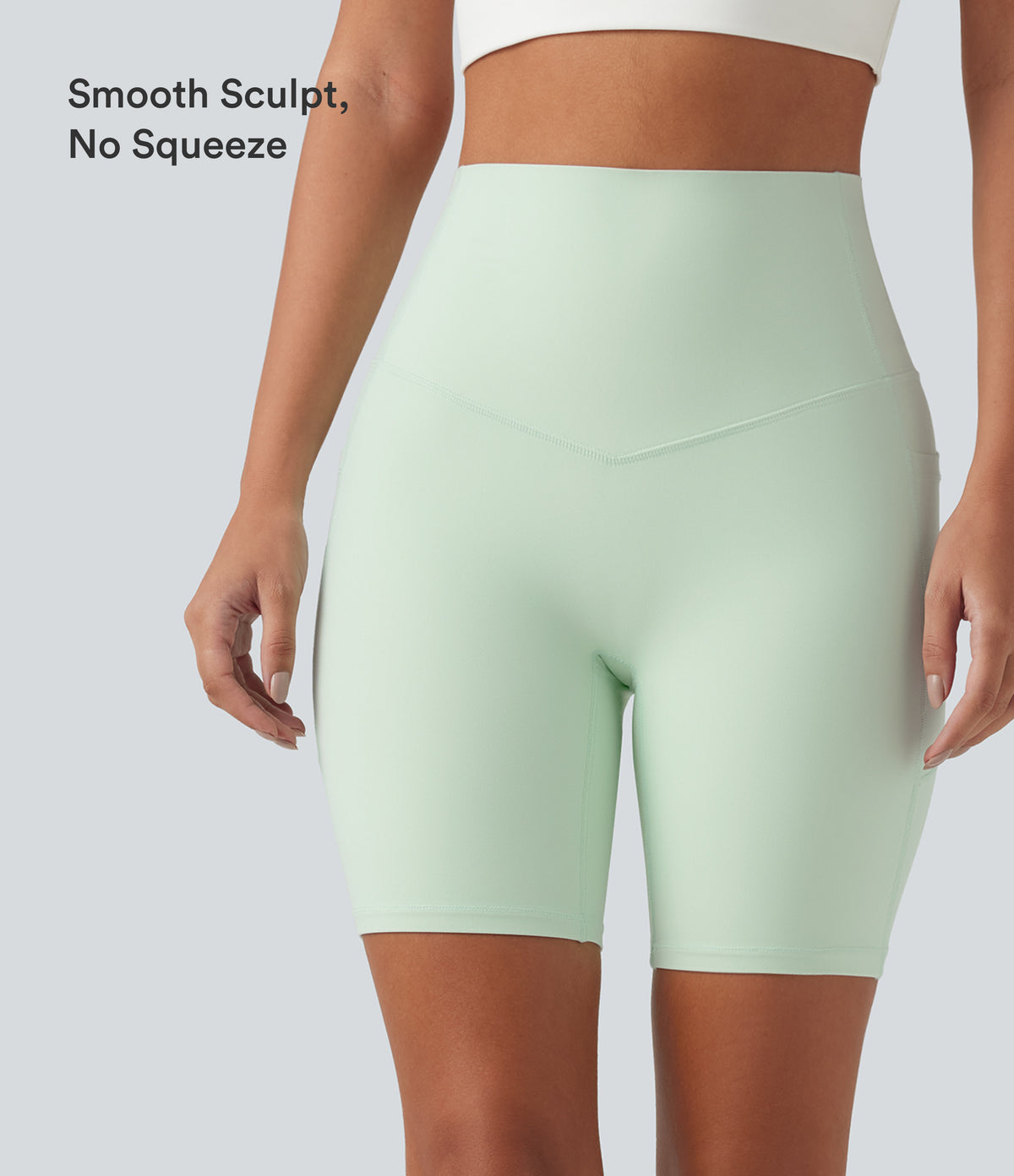 High Waisted Tummy Control Shaping Training Biker Shorts 7'' with Pockets — Dusty Aqua — view 6