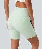 High Waisted Tummy Control Shaping Training Biker Shorts 7'' with Pockets — Dusty Aqua — view 4
