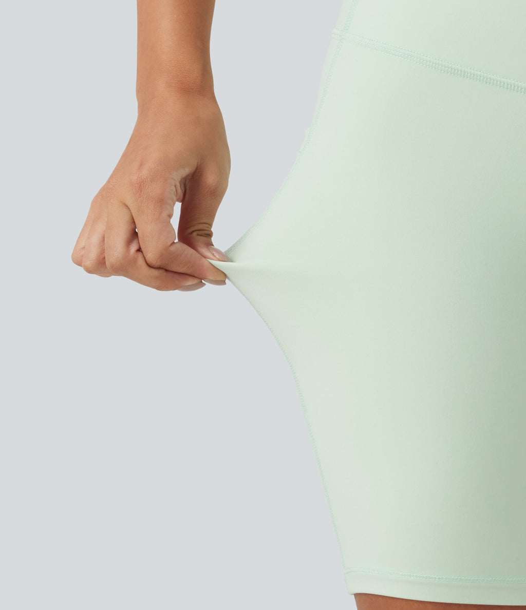 High Waisted Tummy Control Shaping Training Biker Shorts 7'' with Pockets — Dusty Aqua — view 8