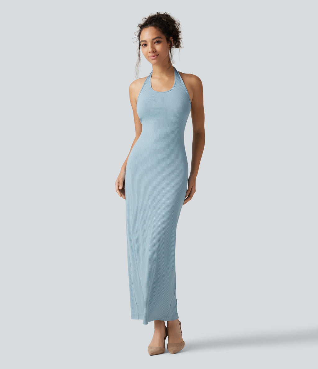 Ribbed Knit Halter Bodycon Midi Dress — Light Foggy Blue — view 3