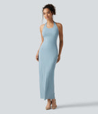 Ribbed Knit Halter Bodycon Midi Dress — Light Foggy Blue — view 3