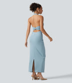 Ribbed Knit Halter Bodycon Midi Dress — Light Foggy Blue — view 1