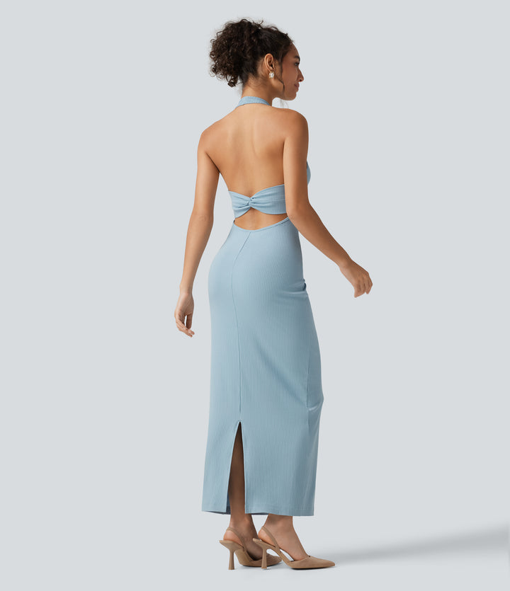 Ribbed Knit Halter Bodycon Midi Dress — Light Foggy Blue — view 1
