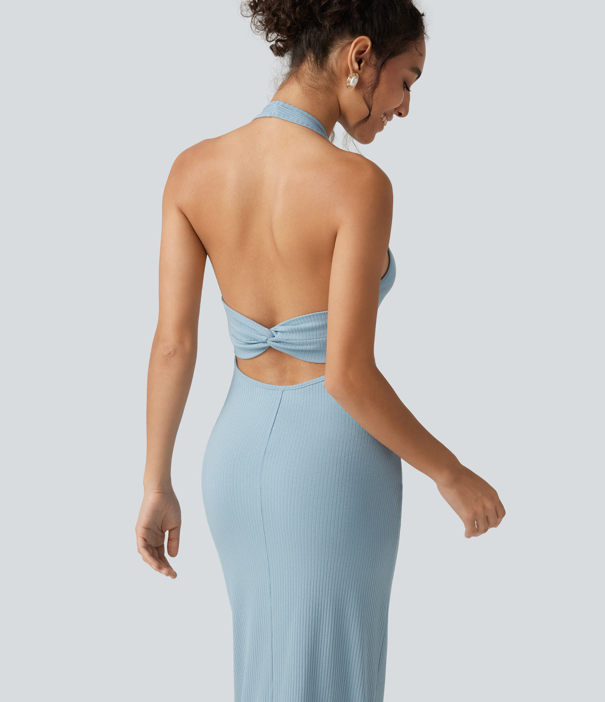 Ribbed Knit Halter Bodycon Midi Dress — Light Foggy Blue — view 4