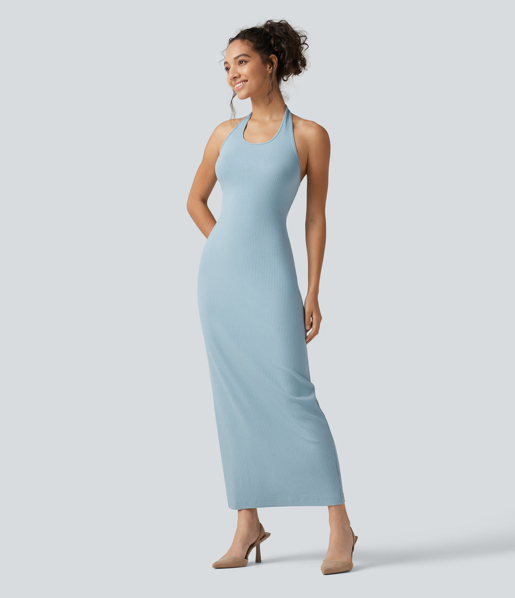 Ribbed Knit Halter Bodycon Midi Dress — Light Foggy Blue — view 2