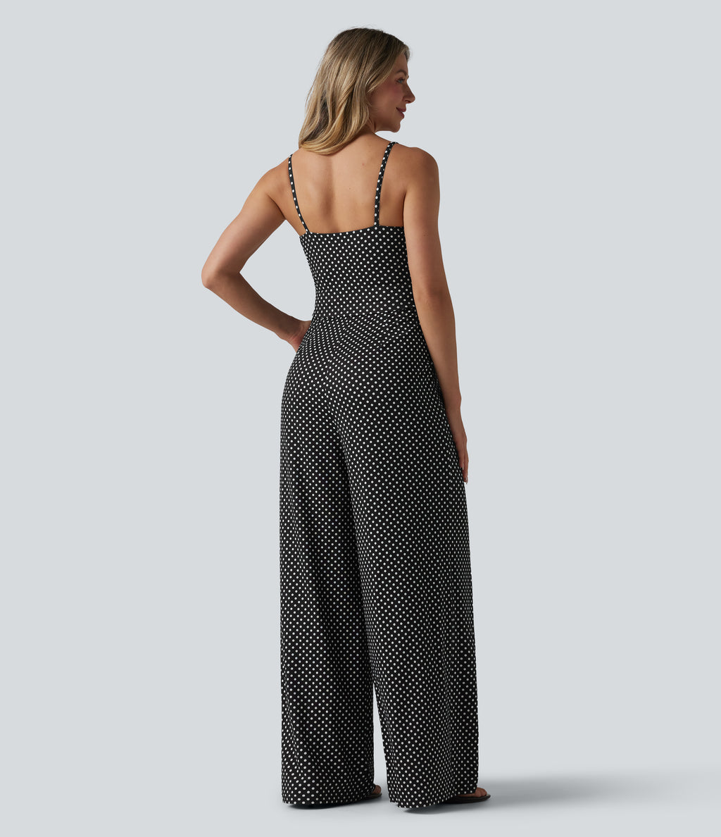 V Neck Polka Dot Slip Jumpsuit with Pockets-Edition — Midnight Dots — view 2