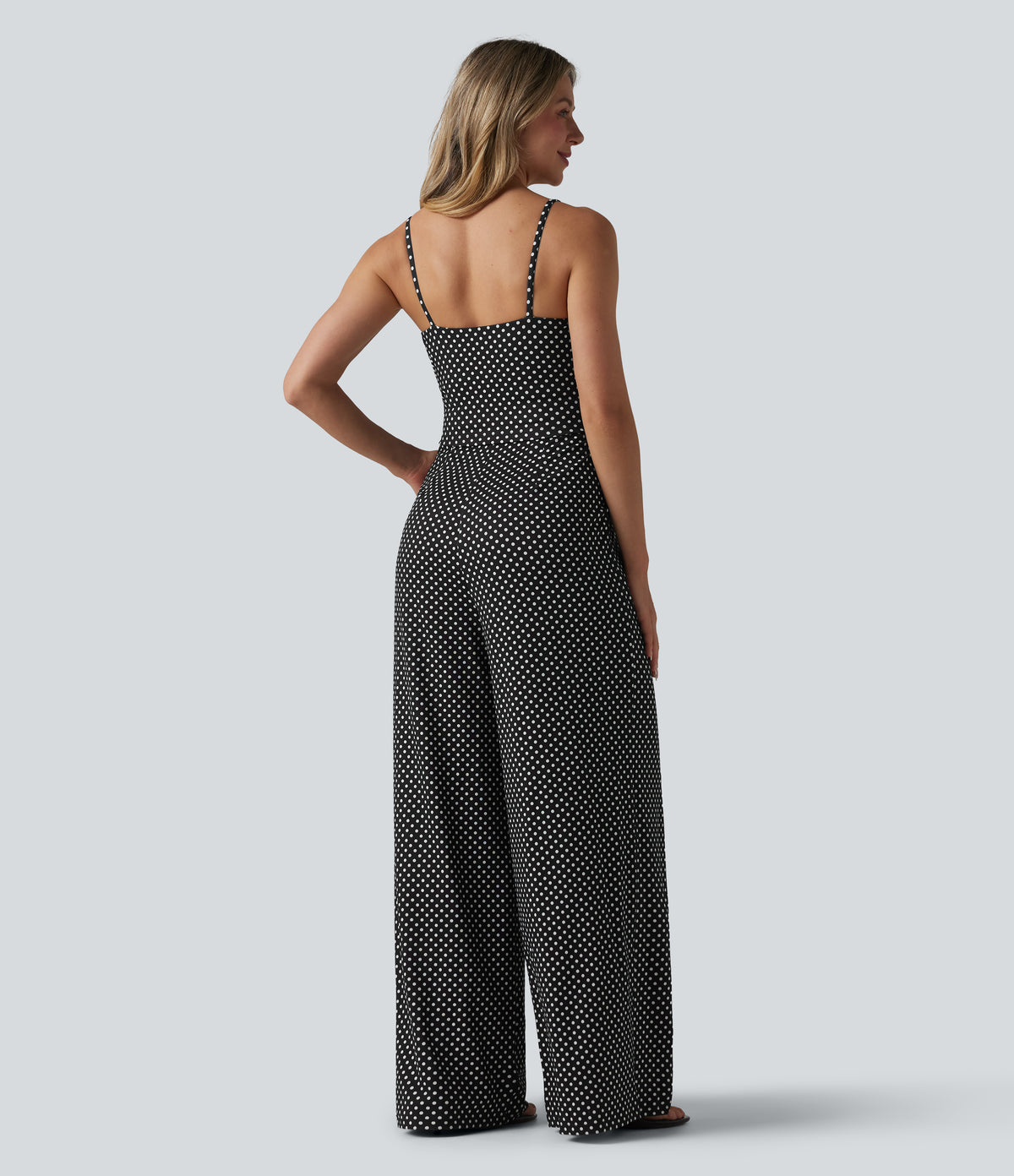 V Neck Polka Dot Slip Jumpsuit with Pockets-Edition — Midnight Dots — view 2