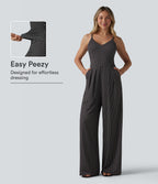 V Neck Polka Dot Slip Jumpsuit with Pockets-Edition — Midnight Dots — view 1