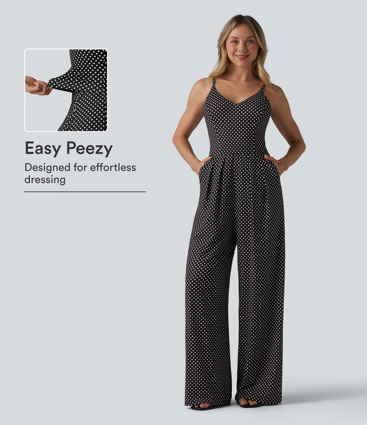 V Neck Polka Dot Slip Jumpsuit with Pockets-Edition — Midnight Dots — view 1