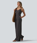 V Neck Polka Dot Slip Jumpsuit with Pockets-Edition — Midnight Dots — view 6