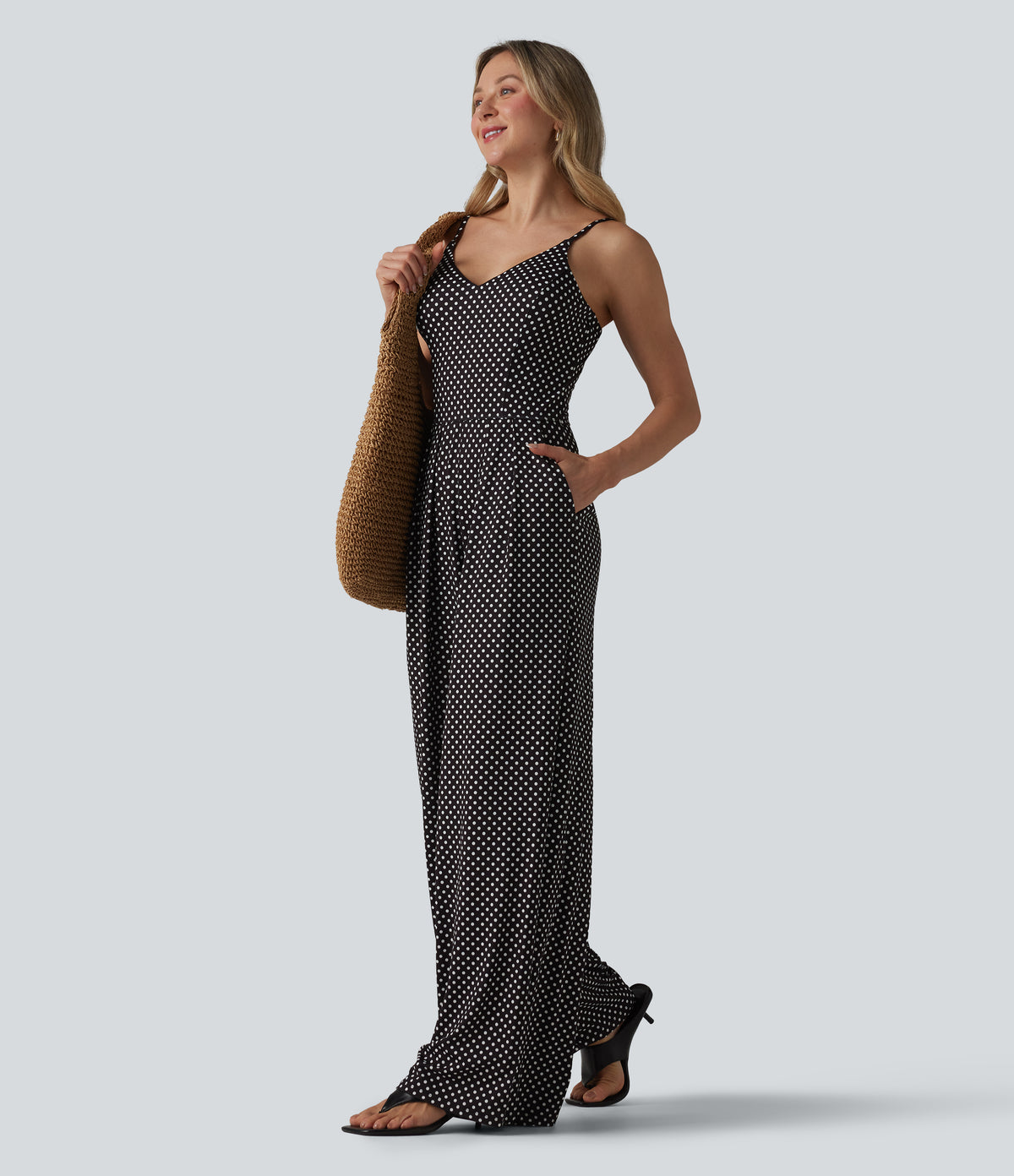 V Neck Polka Dot Slip Jumpsuit with Pockets-Edition — Midnight Dots — view 6