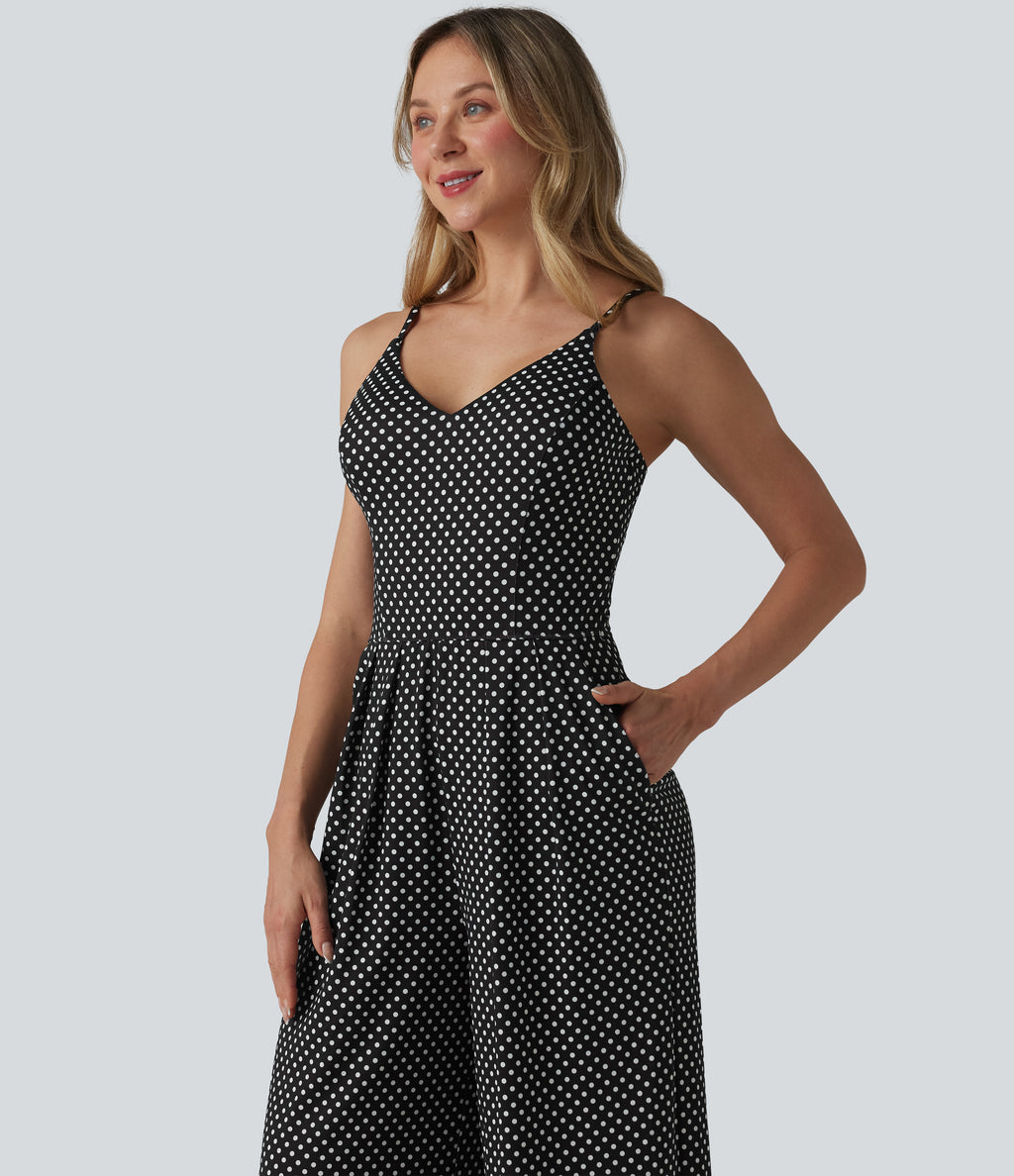 V Neck Polka Dot Slip Jumpsuit with Pockets-Edition — Midnight Dots — view 5