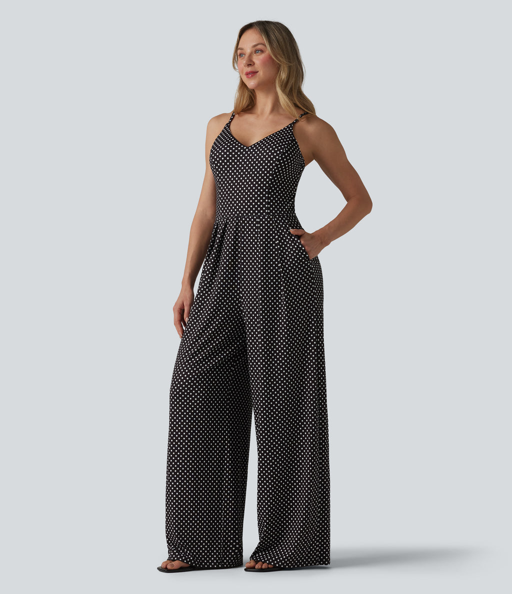 V Neck Polka Dot Slip Jumpsuit with Pockets-Edition — Midnight Dots — view 3