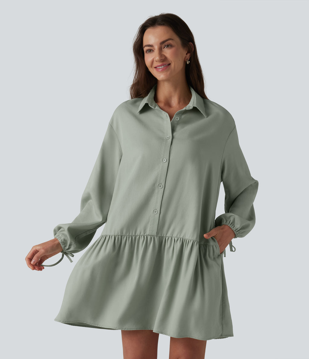 Long Sleeve Mini Shirt Dress with Pockets — Desert Sage — view 1