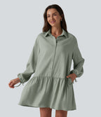 Long Sleeve Mini Shirt Dress with Pockets — Desert Sage — view 1