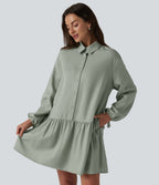 Long Sleeve Mini Shirt Dress with Pockets — Desert Sage — view 5