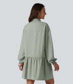Long Sleeve Mini Shirt Dress with Pockets — Desert Sage — view 2