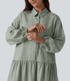 Long Sleeve Mini Shirt Dress with Pockets — Desert Sage — view 4