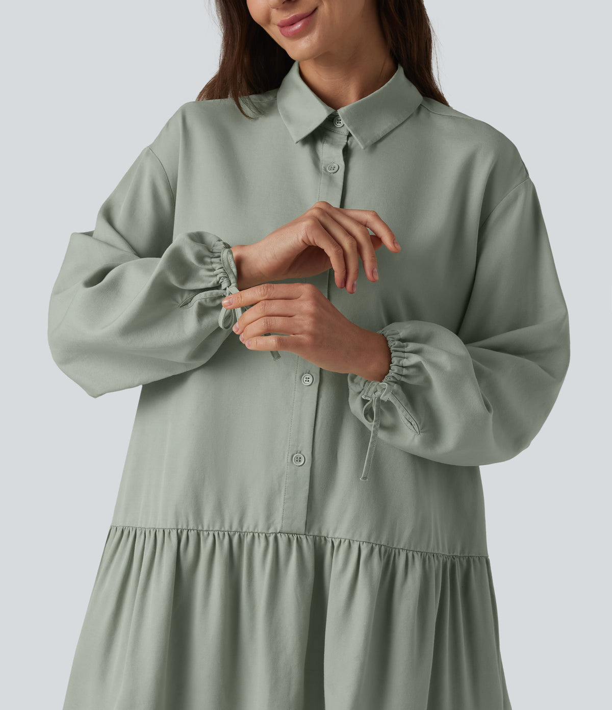 Long Sleeve Mini Shirt Dress with Pockets — Desert Sage — view 4
