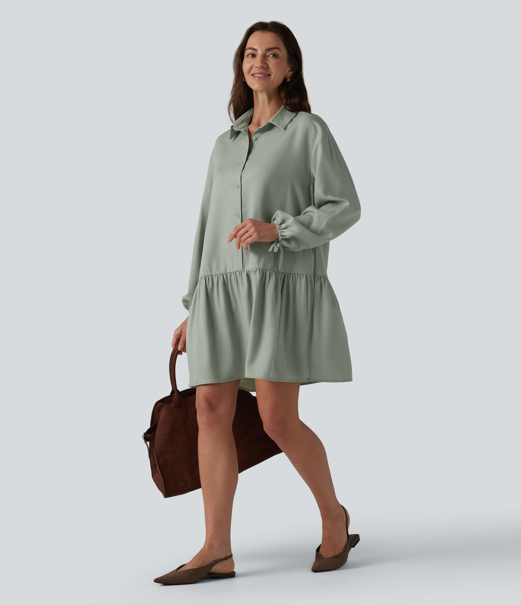 Long Sleeve Mini Shirt Dress with Pockets — Desert Sage — view 6