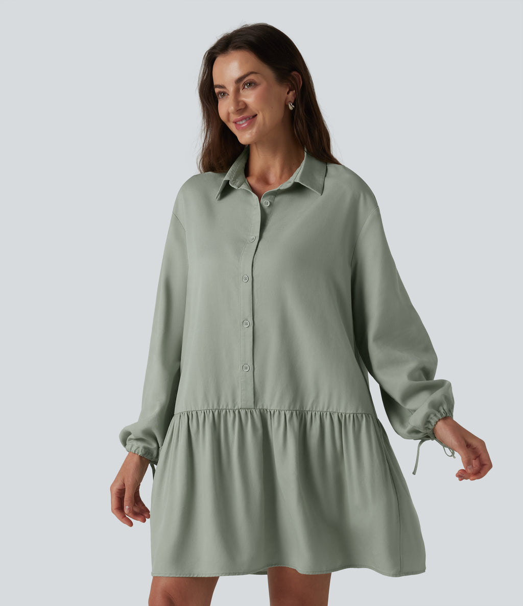 Long Sleeve Mini Shirt Dress with Pockets — Desert Sage — view 3