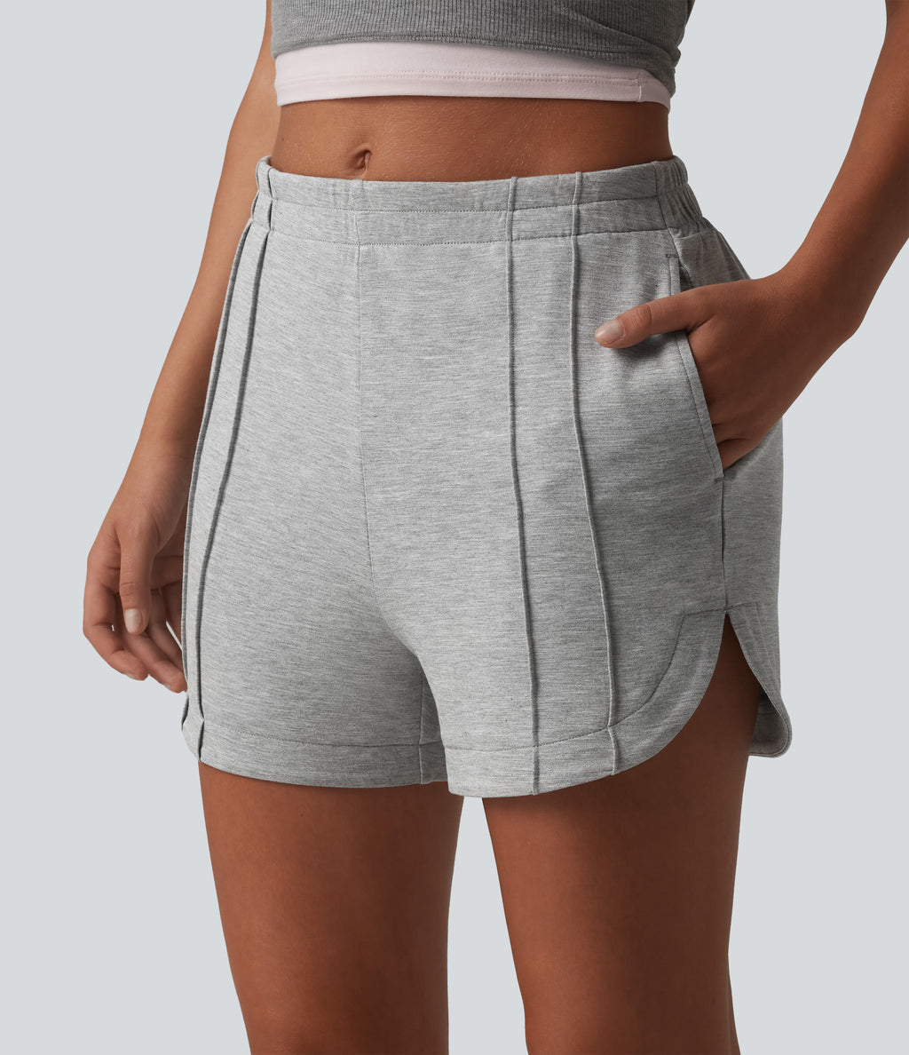 Mid Rise Pintuck Curved Hem Casual Shorts 3'' with Pockets — Fog Gray — view 4
