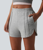 Mid Rise Pintuck Curved Hem Casual Shorts 3'' with Pockets — Fog Gray — view 4