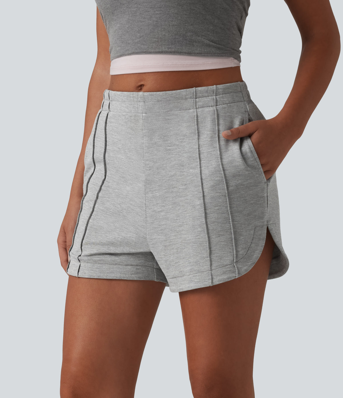 Mid Rise Pintuck Curved Hem Casual Shorts 3'' with Pockets — Fog Gray — view 1