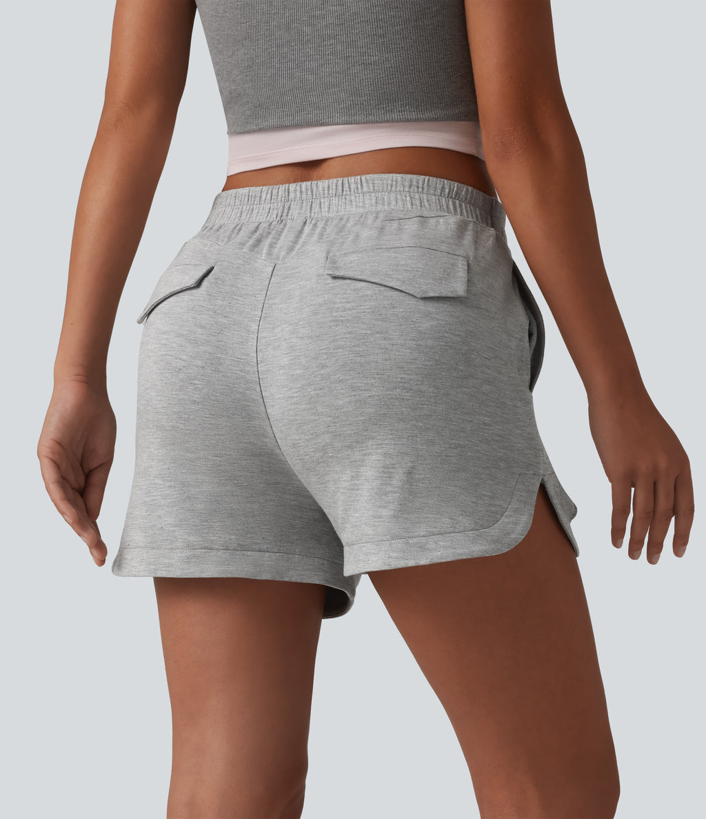 Mid Rise Pintuck Curved Hem Casual Shorts 3'' with Pockets — Fog Gray — view 2