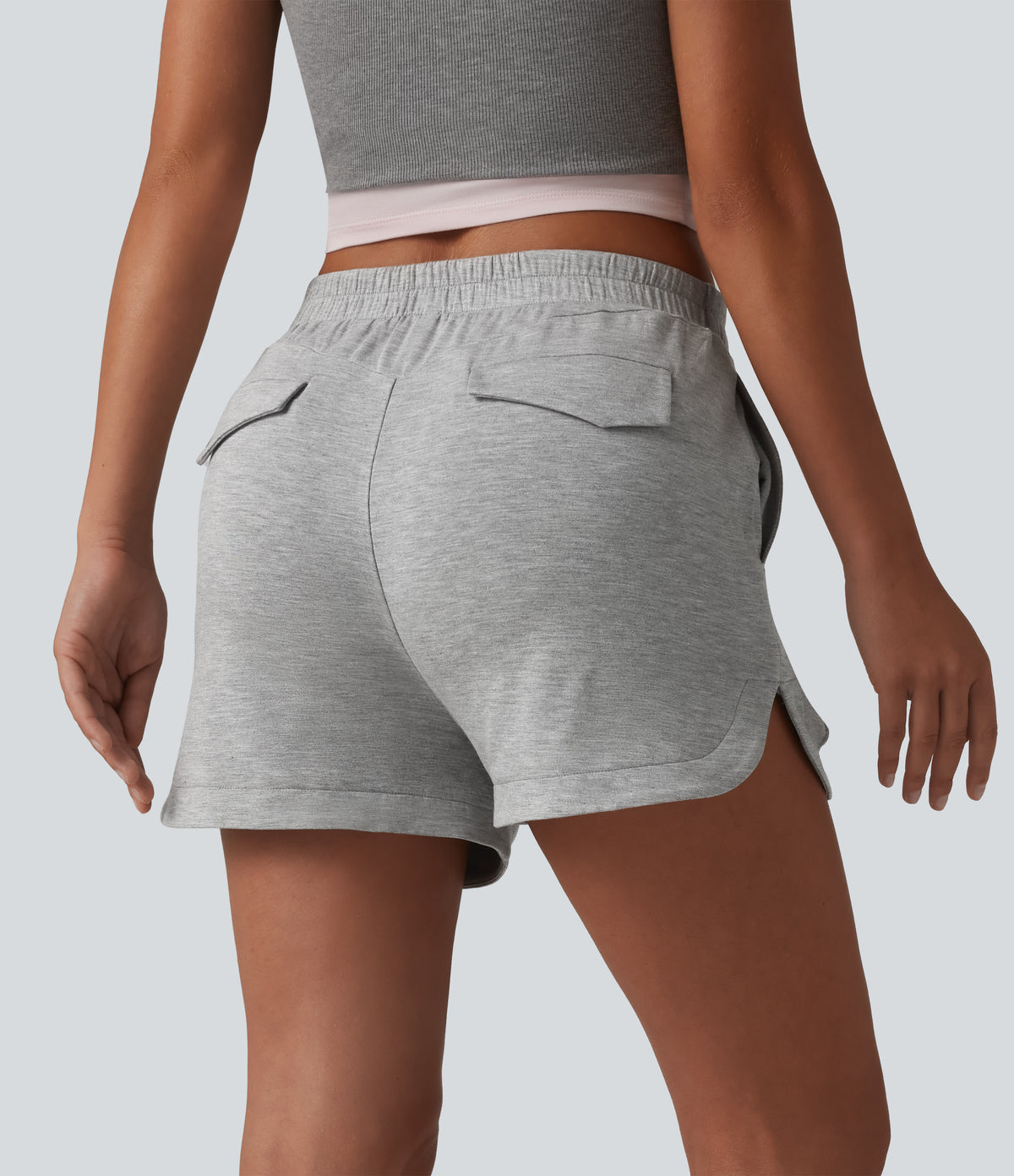 Mid Rise Pintuck Curved Hem Casual Shorts 3'' with Pockets — Fog Gray — view 2