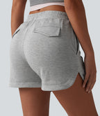 Mid Rise Pintuck Curved Hem Casual Shorts 3'' with Pockets — Fog Gray — view 5