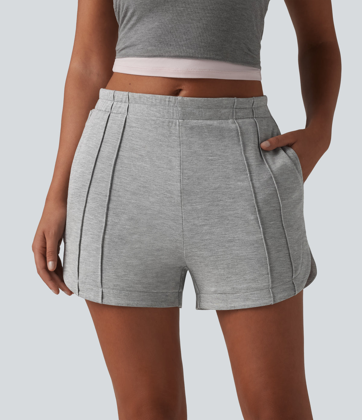 Mid Rise Pintuck Curved Hem Casual Shorts 3'' with Pockets — Fog Gray — view 3