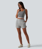 Mid Rise Pintuck Curved Hem Casual Shorts 3'' with Pockets — Fog Gray — view 6
