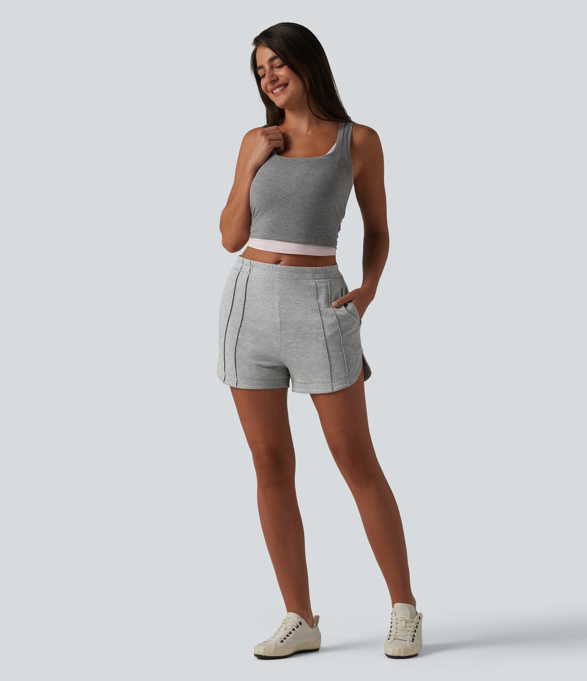 Mid Rise Pintuck Curved Hem Casual Shorts 3'' with Pockets — Fog Gray — view 6