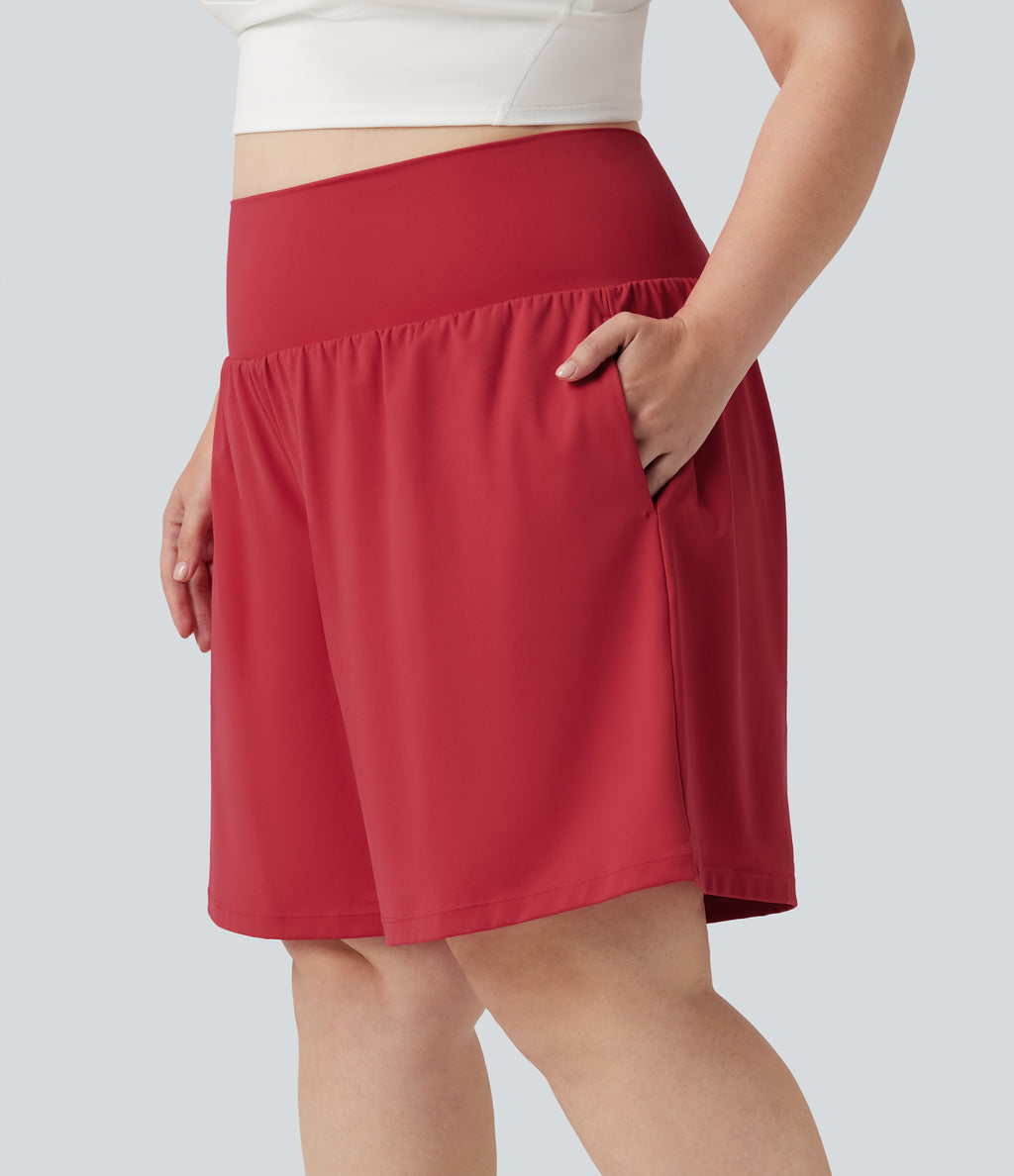 Plus Size Airy Super High Waisted 2-in-1 Cool Touch Yoga Shorts 9'' with Pockets — Winterberry — view 5