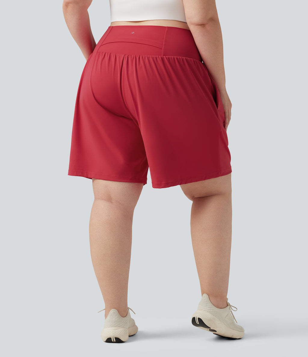 Plus Size Airy Super High Waisted 2-in-1 Cool Touch Yoga Shorts 9'' with Pockets — Winterberry — view 3