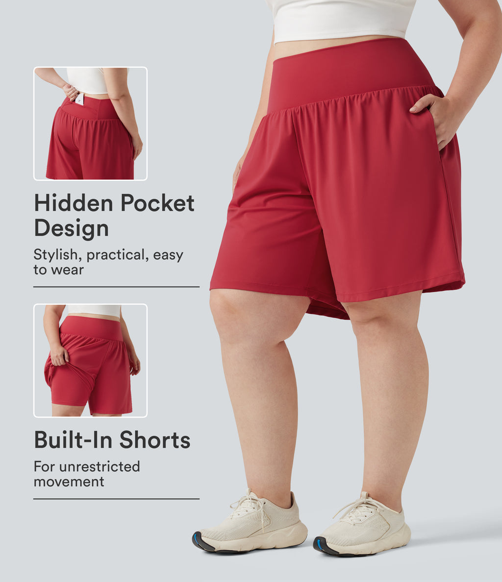 Plus Size Airy Super High Waisted 2-in-1 Cool Touch Yoga Shorts 9'' with Pockets — Winterberry — view 1
