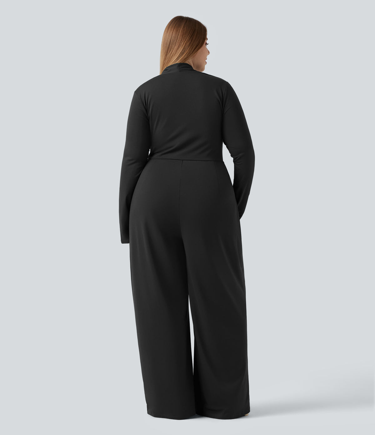 Plus Size Built-in Bra Long Sleeve Wide Leg Jumpsuit — Black — view 2