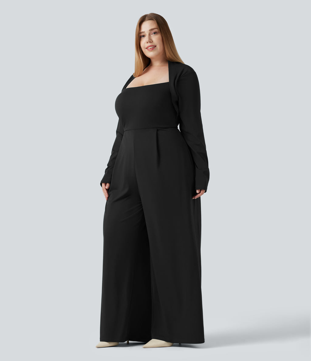 Plus Size Built-in Bra Long Sleeve Wide Leg Jumpsuit — Black — view 1