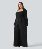 Plus Size Built-in Bra Long Sleeve Wide Leg Jumpsuit — Black — view 1