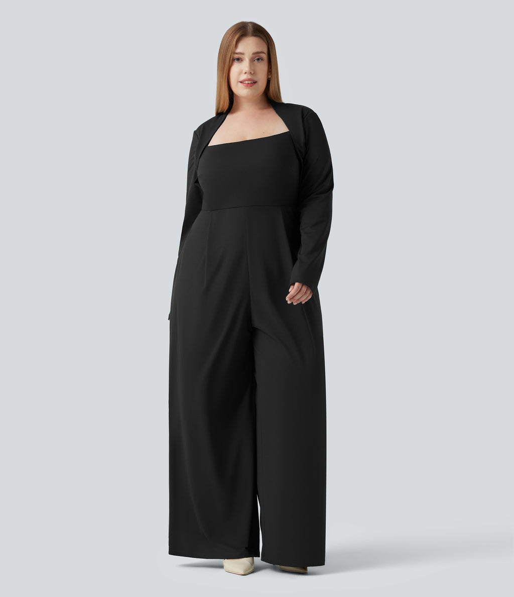 Plus Size Built-in Bra Long Sleeve Wide Leg Jumpsuit — Black — view 3