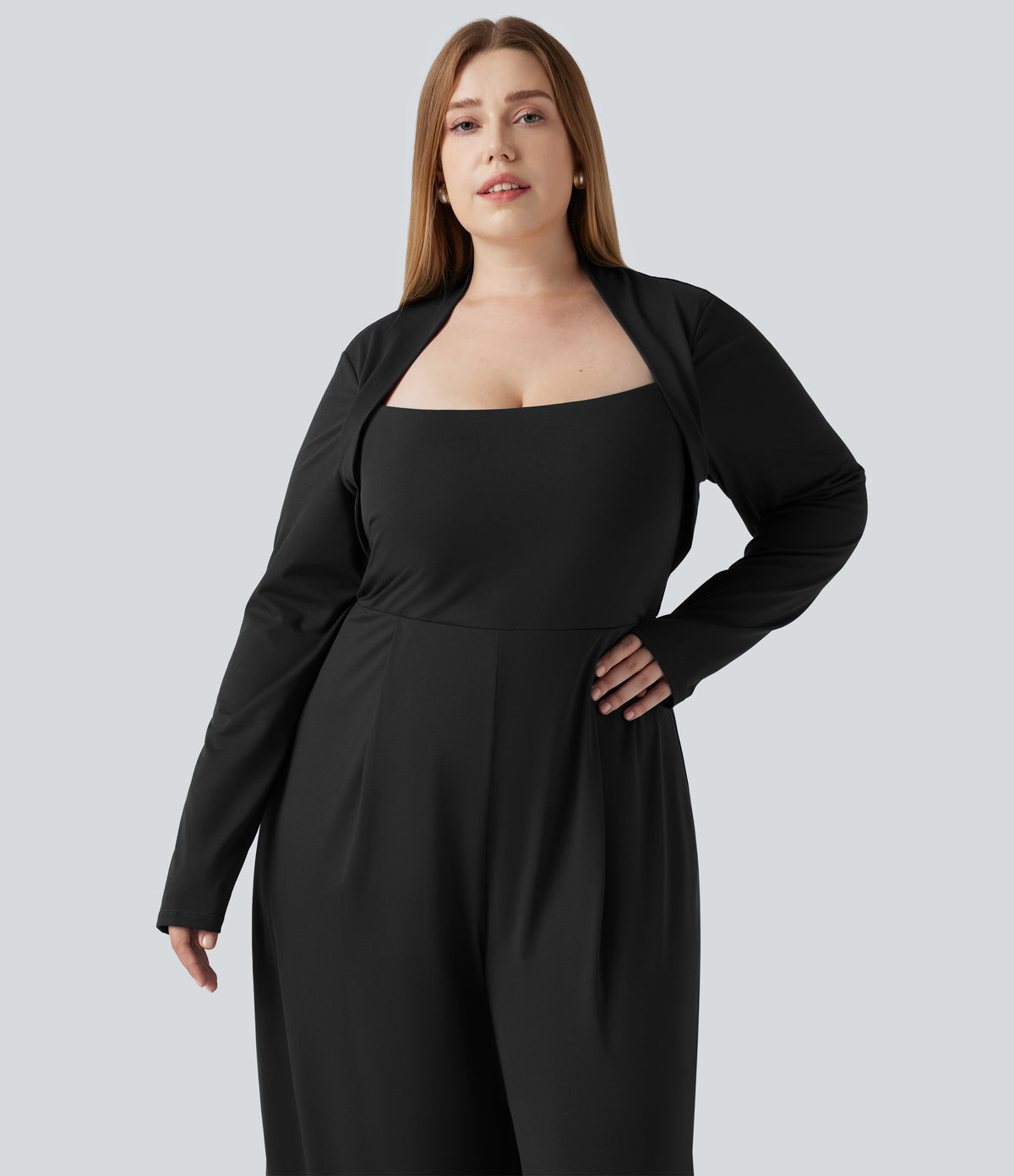 Plus Size Built-in Bra Long Sleeve Wide Leg Jumpsuit — Black — view 5
