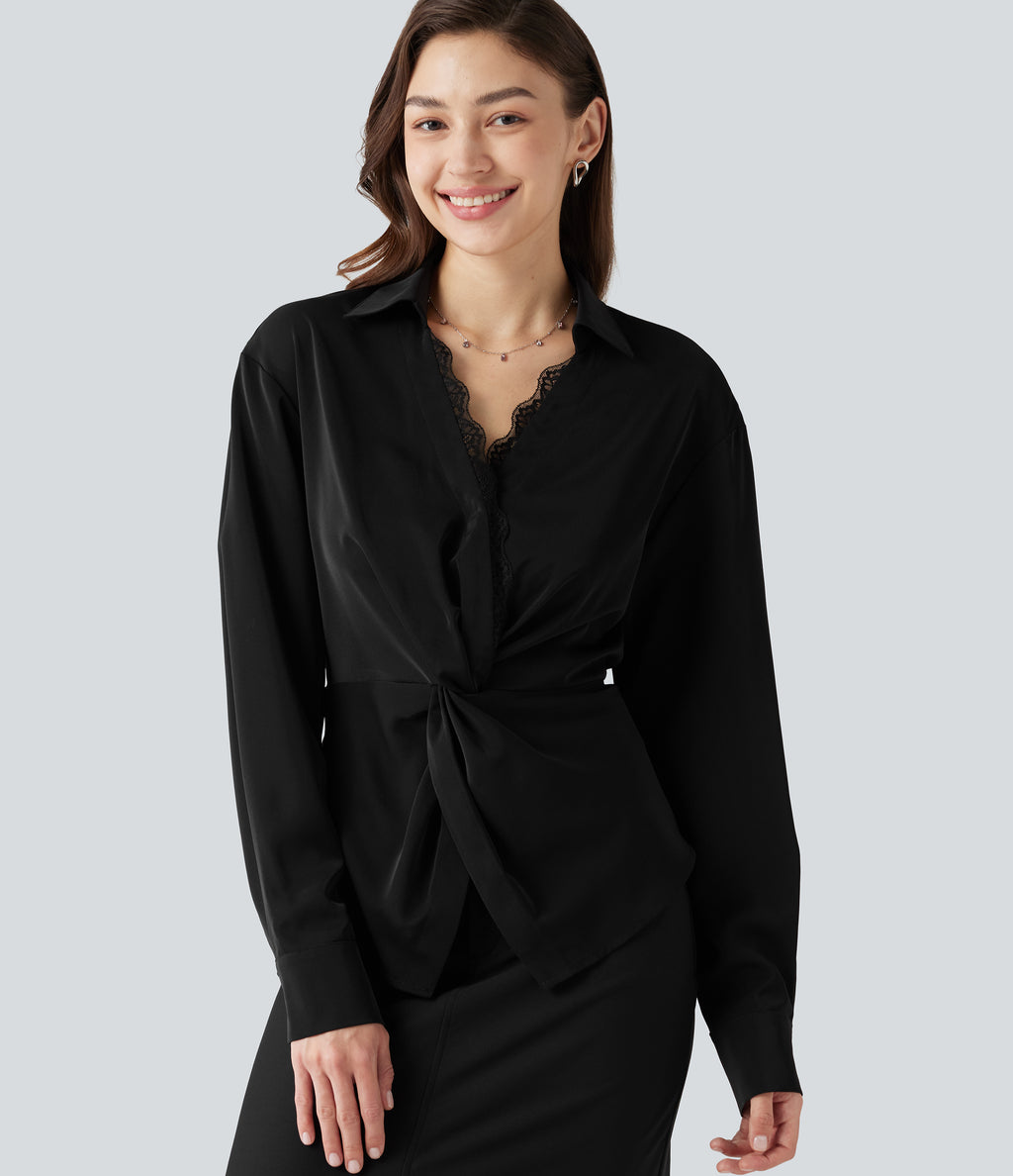 Wrinkle Recovery V Neck Contrast Lace Long Sleeve Tie Back Twisted Work Shirt — Black — view 9