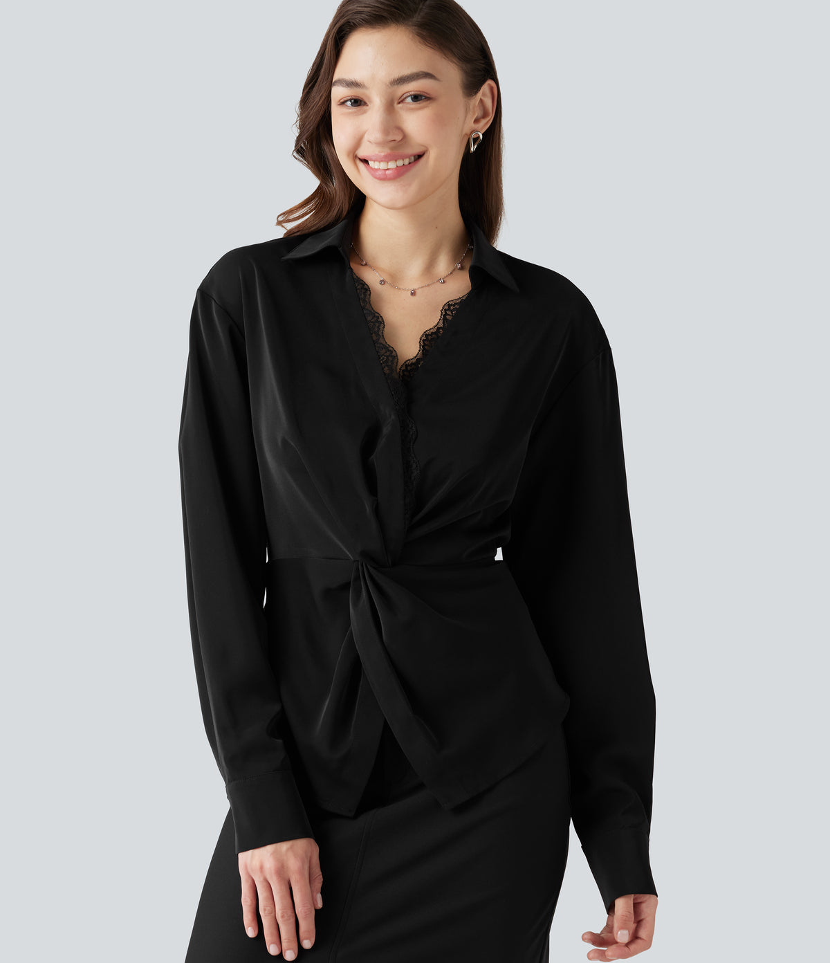Wrinkle Recovery V Neck Contrast Lace Long Sleeve Tie Back Twisted Work Shirt — Black — view 9