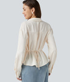 Wrinkle Recovery V Neck Contrast Lace Long Sleeve Tie Back Twisted Work Shirt — Egret — view 5