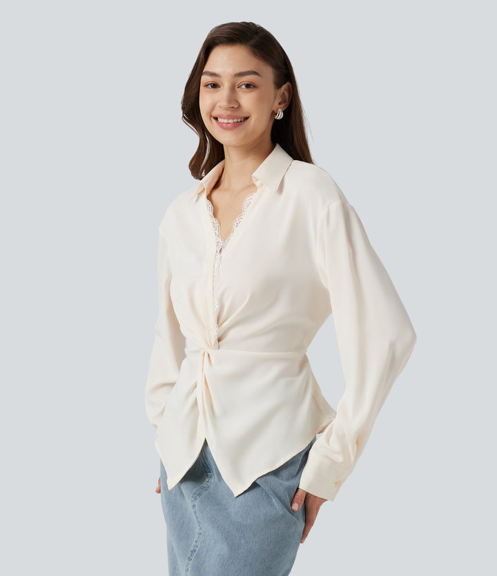 Wrinkle Recovery V Neck Contrast Lace Long Sleeve Tie Back Twisted Work Shirt — Egret — view 1