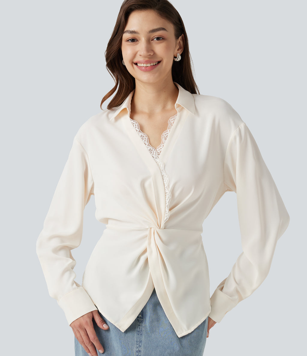 Wrinkle Recovery V Neck Contrast Lace Long Sleeve Tie Back Twisted Work Shirt — Egret — view 3