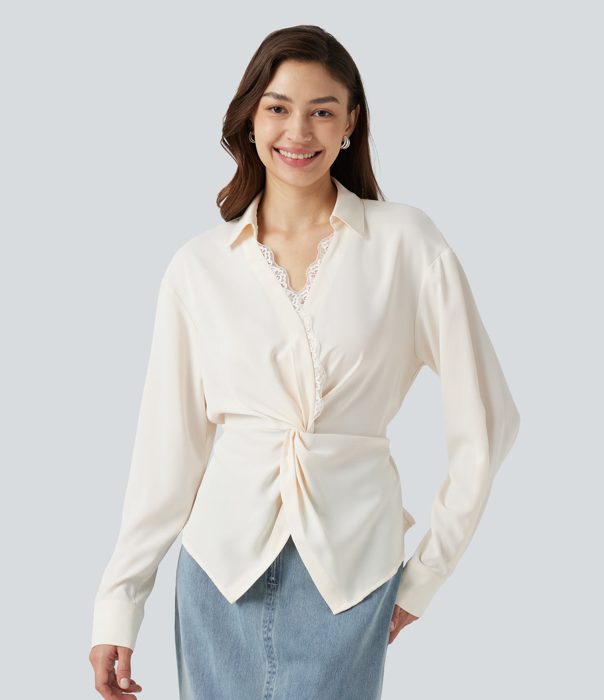 Wrinkle Recovery V Neck Contrast Lace Long Sleeve Tie Back Twisted Work Shirt — Egret — view 4